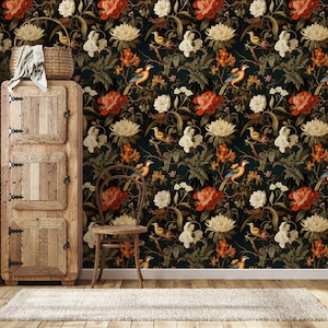 Dark Vintage Botanical Wallpaper, Dark Floral Wallpaper, Vintage Flowers And Bird Wallpaper,Traditional Removable Wallpaper