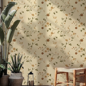 Carta da parati beige floreale vintage, carta da parati botanica staccabile e attaccabile, carta da parati con motivi floreali piccoli, carta da parati staccabile e attaccabile, murale da parete