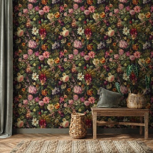 Vintage Peony Floral Large Wallpaper, Floral Peel and Stick, Dark Botanical Wallpaper, Peel and Stick Walpaper, Removable Wallpaper