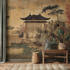 Japanische Vintage Landschafts-Tapete, Malerische Tapeten-Wandbild, Alte Landschafts-Tapete, Abnehmbare Tapete, Schälen und Aufkleben-Tapete