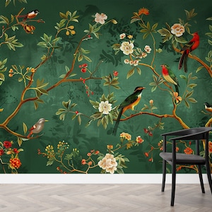 Vintage Chinoiserie Wallpaper, Asian Blossom Flowers and Trees Wall Mural, Peel and Stick Walpaper, Chinoiserie Mural, Japanese Wallpaper