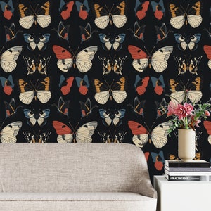 Vintage Butterfly Wallpaper Peel and Stick, Dark Butterfly Wallpaper, Butterfly Wall Decal, Removable Wall Decor, Vintage Wall Mural
