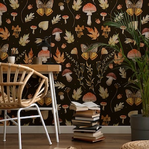 Dark Mushroom Wallpaper Peel and Stick, Mushroom Wallpaper, Dark Botanical Wallpaper, Butterfly Wallpaper, Mural Self Sticking