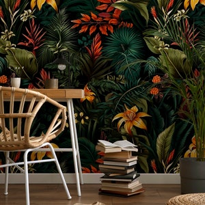 Vintage botanische Tapete schälen und aufkleben dunkle tropische Pflanzen, dunkle botanische Tapete, Tapete zum Schälen und aufkleben, exotische Tapete