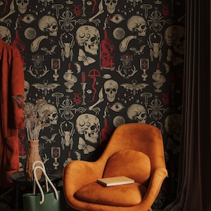 Dark Gothic Wallpaper, Skull Wallpaper Peel and Stick, Mystic Symbols,Dark,Ravens Bats and Plants, Removable, Peel and Stick Wall Mural