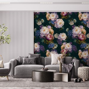 Peony Floral Large Wallpaper, Dark Floral Peel and Stick Wallpaper, Dark Botanical Wallpaper, Peony Wall Murals Flowers, Vintage Wallpaper