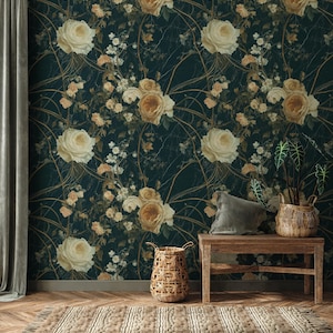 Carta da parati adesiva con fiori scuri - Carta da parati con rose beige e verdi - Carta da parati temporanea per stanze - Decalcomania murale con arte botanica