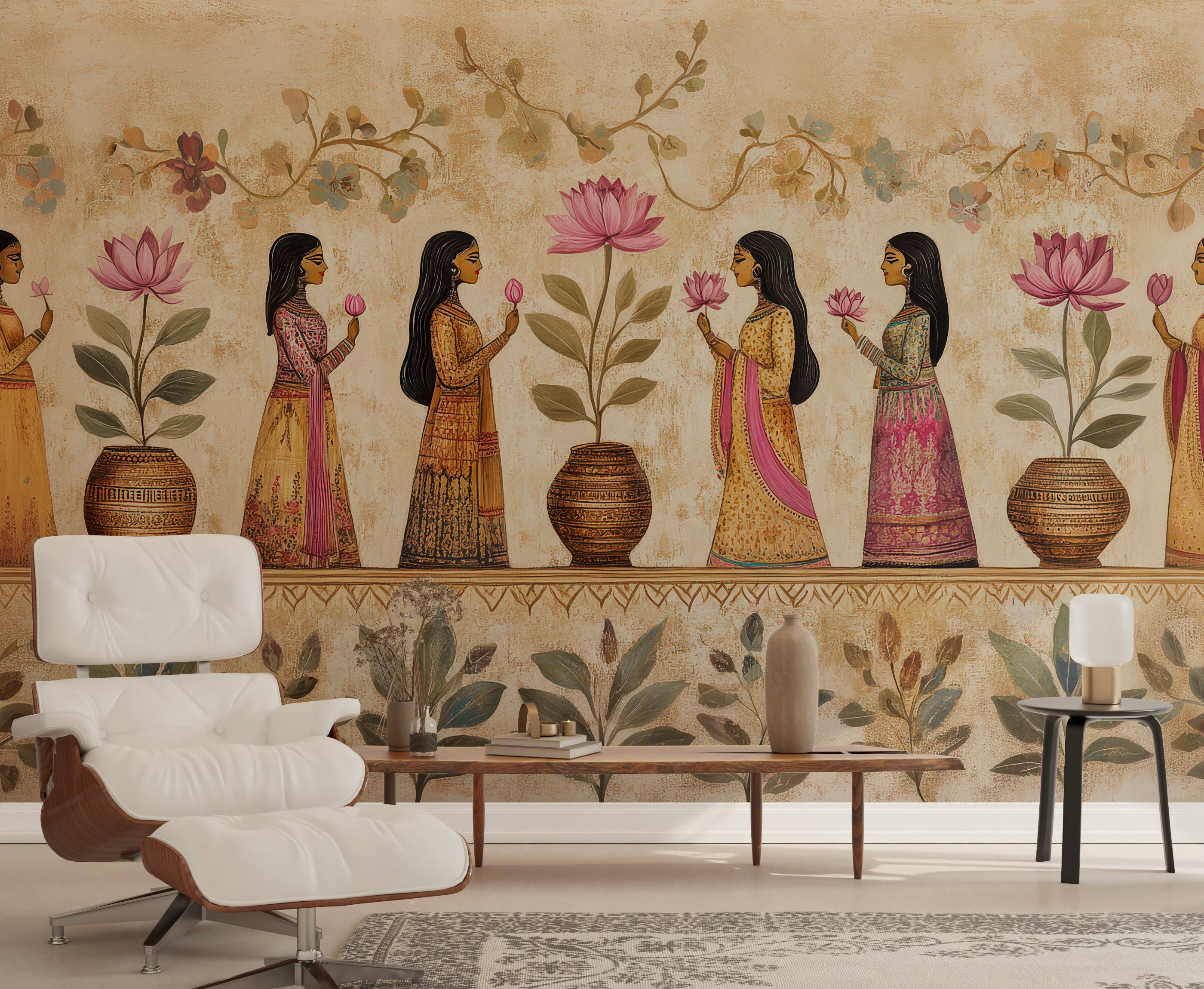 Indian Ethnic Traditional Wallpaper, Vintage Rustic Wallpaper Mural, Scenic Floral Wallpaper, Removable Wallpaper, Peel and Stick Walpaper