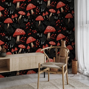 Mushroom Wallpaper Peel and Stick, Forest Wallpaper, Dark Wallpaper, Traditional Removable Wallpaper