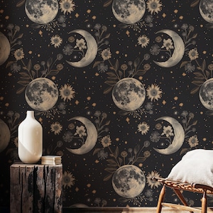 Dark Moons and Flowers Wallpaper, Sky Wallpaper for Kids Room, Bohemian Peel and Stick Walpaper, Removable Self Adhesive Space Wallpaper