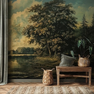 Rural Vintage Landscape, Scenic Wallpaper Mural, Oil Painting Wallpaper, Removable Wallpaper, Peel and Stick Walpaper, Abstract Wallpaper