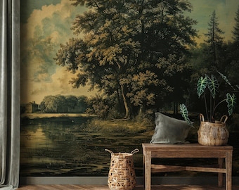 Rural Vintage Landscape, Scenic Wallpaper Mural, Oil Painting Wallpaper, Removable Wallpaper, Peel and Stick Walpaper, Abstract Wallpaper