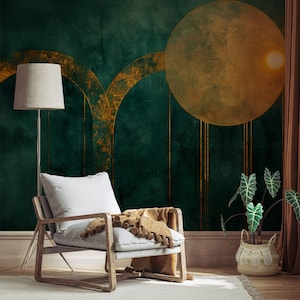 Carta da parati astratta verde scuro e oro, arco retrò con carta da parati solare, carta da parati scandinava staccabile e incollabile, decorazione murale, carta da parati rimovibile