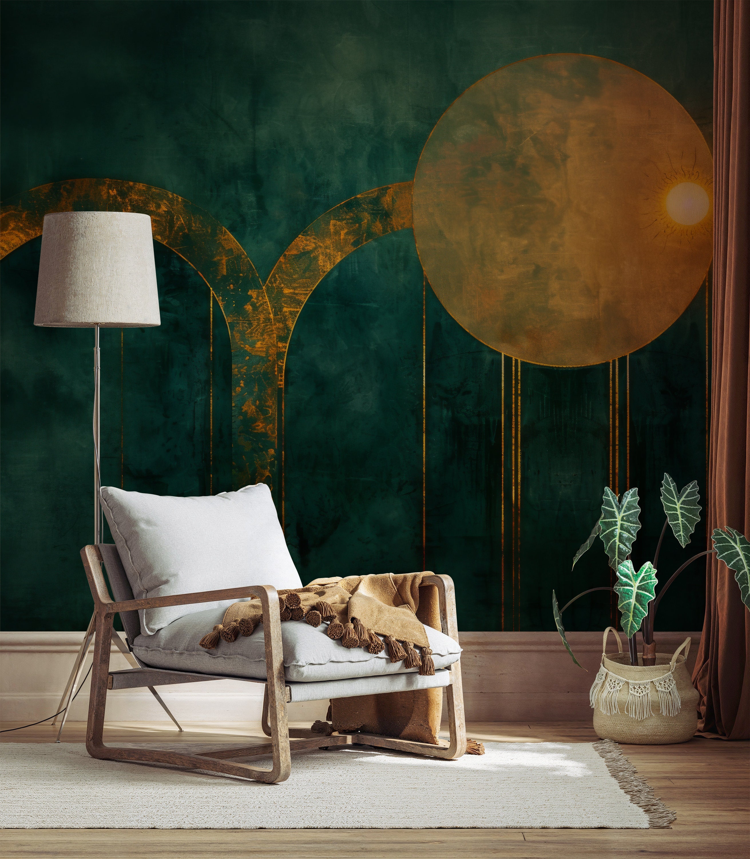 Dark Green and Gold Abstract Wallpaper, Retro Arch With Sun Wallpaper ...