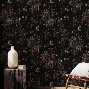 Carta da parati medievale scura, carta da parati con luna e stelle scure, carta da parati botanica staccabile e adesiva, decorazione del giardino segreto di notte, carta da parati stravagante