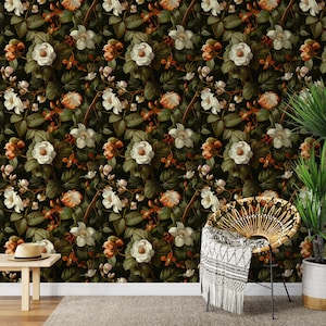 Dark Floral Wallpaper Peel and Stick, Vintage Floral Wallpaper, Antique Retro Flowers Wall Mural, Floral Wall Mural, Botanical Wallpaper