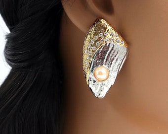 Elegante clipoorbellen, gouden schelp en parel, geen piercing nodig, 18k verguld, handgemaakt chic, faux-bijoux