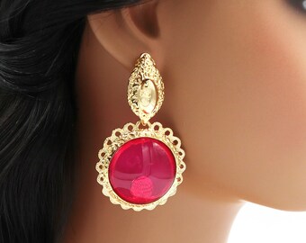 Huge Stylish Fuschia Clip-On Earrings, 18K Gold Plated, Handmade Dangle Earrings, Non-Pierced Ears, Trendy Faux Bijoux, Bold Clip On