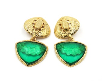 Enorme statementoorbellen, grote clip-on groene oorbellen, 18 kt verguld, clip-oorbellen, handgemaakte kitsch oorbellen hangoorbellen nep-bijoux