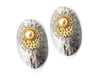 Fancy Big Clip On Earrings, Golden Oval Earrings with Pearl, Non Pierced Ears, 18k gold plated, Handmade kitsch Earrings, Faux bizoux