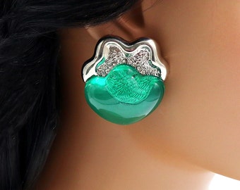 Big Clip On Green Earrings, Non Pierced Ears, Clip On Earrings, Handmade kitsch Earrings, Faux bizoux