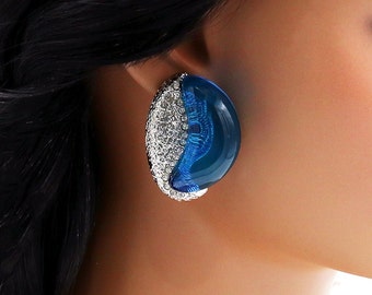 Grote clip blauwe oorbellen, oren zonder gaatjes, clipoorbellen, handgemaakte kitschoorbellen, hangoorbellen, faux bizoux