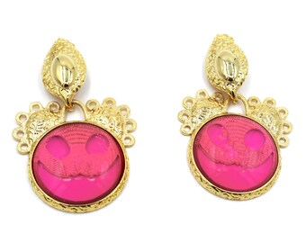 Oversized Clip On Earrings in Fuschia, 18K Gold Plated, Playful Retro Dangle Earrings, Handmade kitsch  Dangle Earrings Faux bijoux gifts