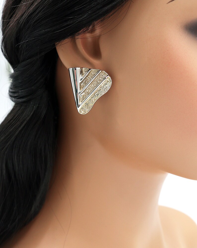 Large Clip On Silver Statement Earrings, Heart Shaped Clip On Earrings, Non Pierced Ears, Handmade kitsch Earrings zdjęcie 1