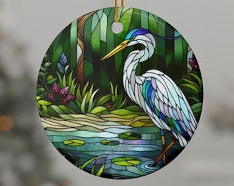 Heron Stained Glass Style Printed On A Ceramic Ornament, 2-Side Print, Bird Wildlife Wilderness Nature Ornament