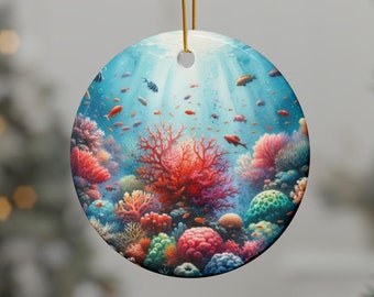 Watercolor Ocean Coral Reef Ceramic Ornament (double sided), Underwater Themed Christmas, Sea Lover Marine Biology Oceanographer Gift