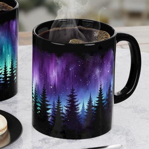 Northern Lights Mug, Aurora Borealis Coffee Mug, Alaska Gift, Nature Lover Gift, Forest Coffee Cup **not color changing**