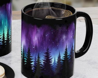 Northern Lights Mug, Aurora Borealis Coffee Mug, Alaska Gift, Nature Lover Gift, Forest Coffee Cup **not color changing**