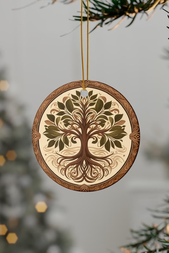 Tree of Life Ceramic Ornament for Nature Lover, 2-Sided Print, Botanical Christmas Tree Decoration, Plant Lover Ornament, Pagan Christmas