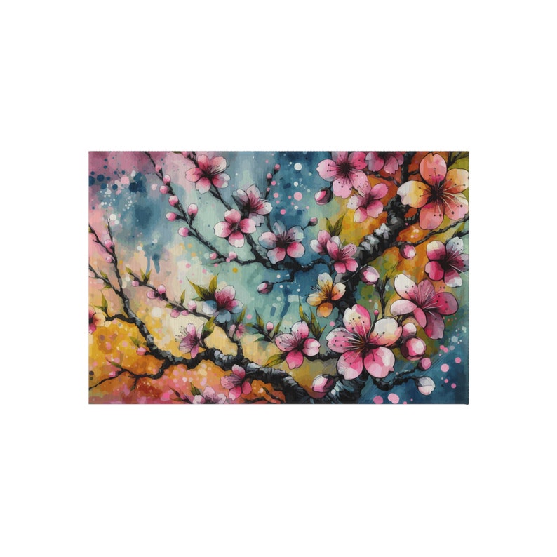 Cherry Blossom Outdoor Rug, Colorful Botanical Spring & Summer Outdoor Rug, Rug for Deck, porch, or patio, quick dry image 6