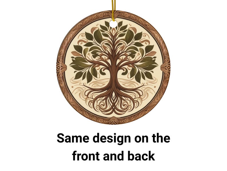 May include: A round ceramic ornament with a brown wooden frame and a detailed image of a tree of life with green leaves and brown roots. The ornament has the same design on both sides.