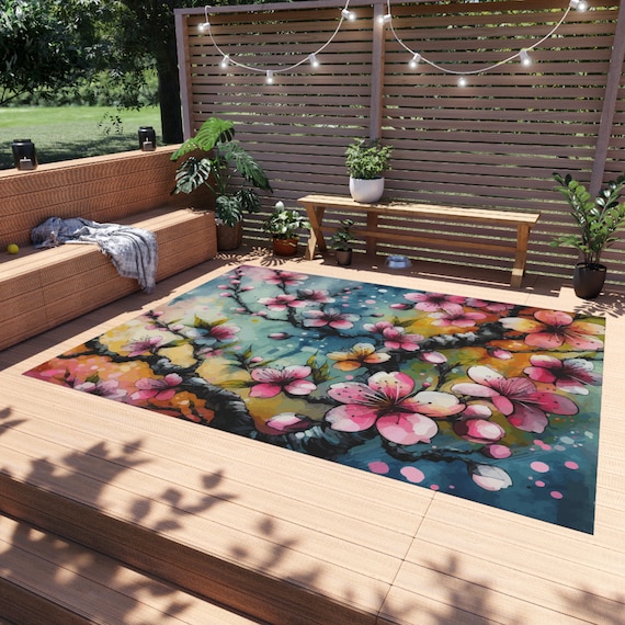 Cherry Blossom Outdoor Rug, Colorful Botanical Spring & Summer Outdoor Rug, Rug for Deck, porch, or patio, quick dry