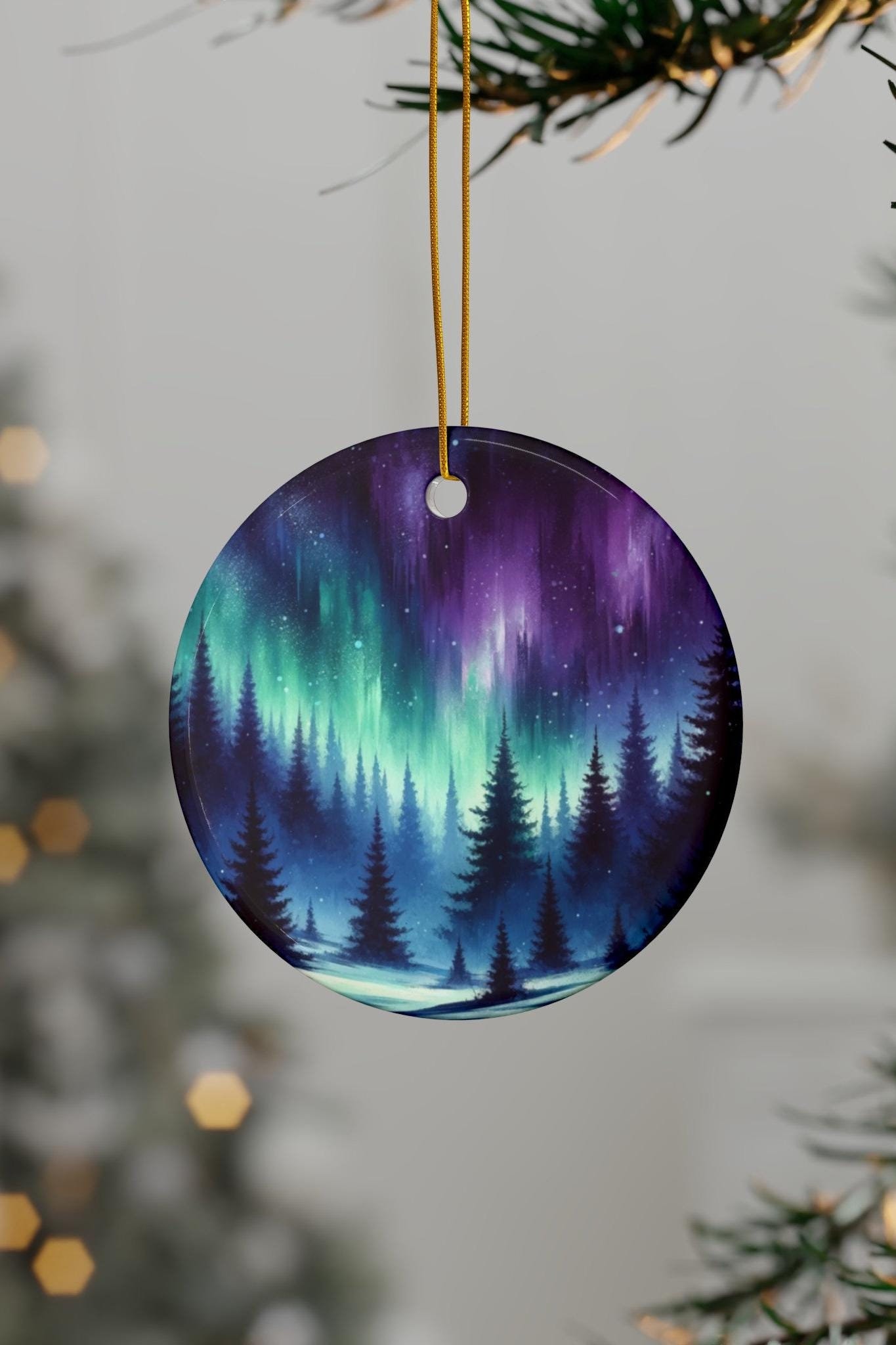Northern Lights Aurora Borealis Winter Forest Ceramic Ornaments, 2