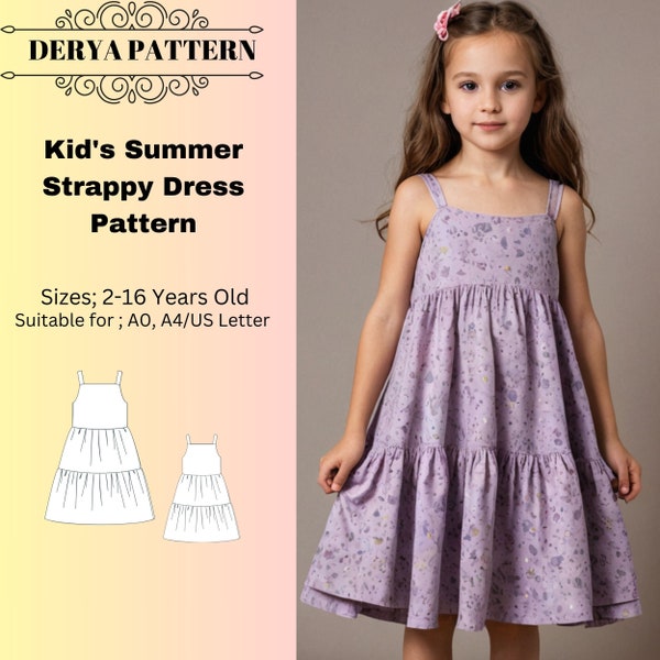 Kid's Summer Strappy Dress Pattern,Girl's Dress Sewing Pattern,Spring Dress Pattern,Women Dress Pattern ,A4 - A0, 2-16 Years