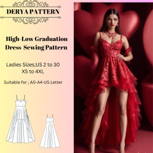 Graduation High-Low Dress Pattern, Ball Gown, Fairy Dress, Circle Dress Pattern, Wedding Dress Pattern, A4 ,A0 ,US 2-30