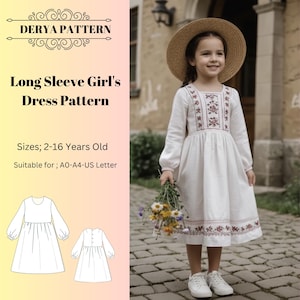 Patrón de costura para vestido de manga larga para niñas, tallas 2-16/A0, A4