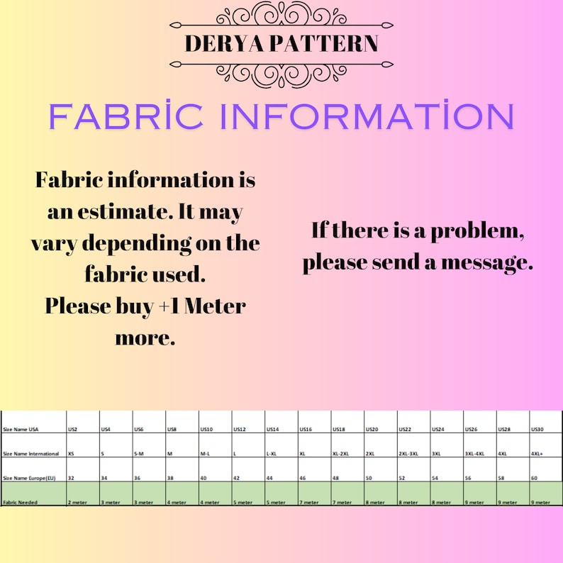May include: A chart showing fabric requirements for different sizes of clothing patterns. The chart includes US sizes, international sizes, and European sizes. The fabric needed is listed in meters.