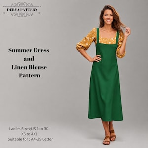 May include: A sewing pattern for a summer dress and linen blouse by Derya Pattern. The design features a solid green sleeveless pinafore-style dress worn over a mustard yellow blouse with a white floral print. Includes US sizes 2 to 30, XS to 4XL.