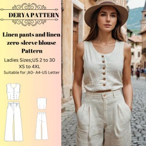Calças de linho e padrão de vestido de blusa de linho sem mangas, calças palazzo femininas, blusa feminina, calças femininas, A0 A4 US Letter-US 2 a 30