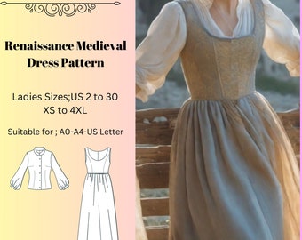 Renaissance Medieval Cosplay Dress and Corset Pattern,Fairy,Regency,Elvish dress,Maxi Dress,Halloween costume , A0 A4 US Letter-US 2 to 30'