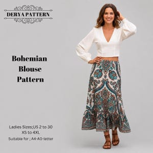 May include: A white long-sleeved blouse with a V-neckline and a midi-length skirt featuring a multi-colored paisley pattern. Text reads DERYA PATTERN, Bohemian Blouse Pattern, Ladies Sizes; US 2 to 30, XS to 4XL, Suitable for; A4-A0-letter.