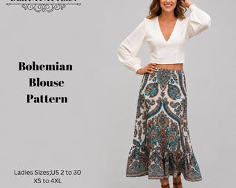 Bohemian Blouse Sewing Pattern,Tank Top Sewing,Long Sleeves,Women Dress Size:US2-30 (A0-A4-USLETTER)
