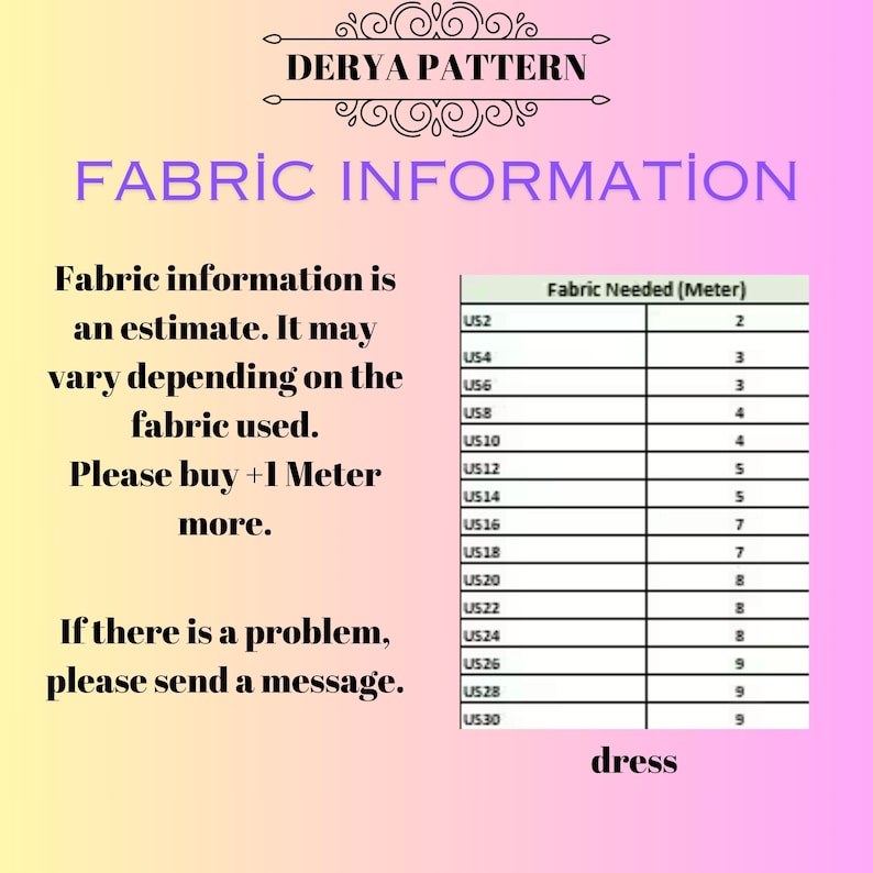 K&ouml;nnte beinhalten: Eine Tabelle, die die ben&ouml;tigte Stoffmenge in Metern f&uuml;r verschiedene Kleidergr&ouml;&szlig;en zeigt. Die Tabelle ist mit "Fabric Needed (Meter)" betitelt und listet die Gr&ouml;&szlig;en US2 bis US30 auf. Die Tabelle befindet sich auf einem rosa und gelben Hintergrund mit dem Text "DERYA PATTERN" und "FABRIC INFORMATION" oben.
