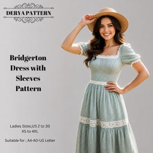 May include: A sewing pattern for a Bridgerton dress with sleeves by Derya Pattern. The dress is light green with a small floral print, a square neckline, puff sleeves, and white lace trim. Text includes: Derya Pattern, Bridgerton Dress with Sleeves Pattern, Ladies Sizes; US 2 to 30, XS to 4XL, Suitable for; A4-A0-US Letter.