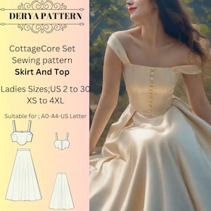 Patrón de falda y top Fairy Cottagecore, estilo renacentista, regencia, vestido largo, tallas A0-A4-carta; EE. UU. 2 a 30