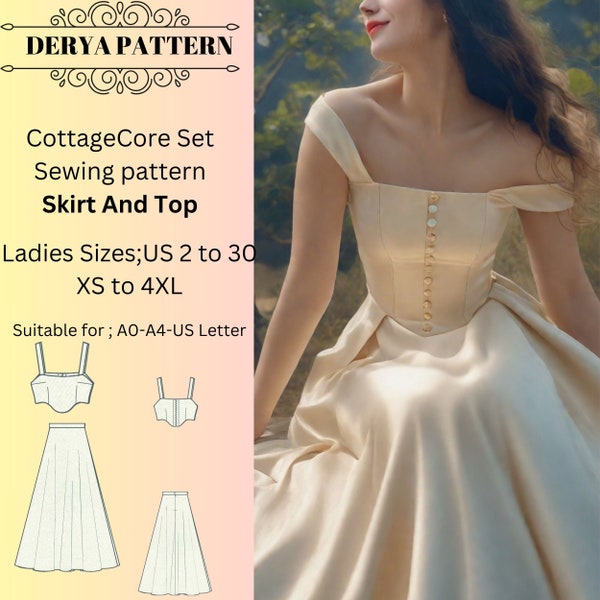 Fairy Cottagecore skirt and top  Pattern,Renaissance,Regency,Maxi Dress, A0-A4-Letter Sizes; US 2 to 30